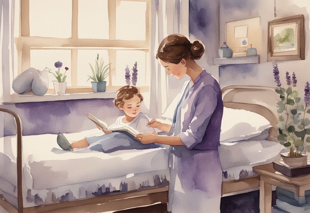 Vintage watercolor illustration of a serene pediatric hospice scene with a child and healthcare professional engaging in a calming activity, main color theme lavender.