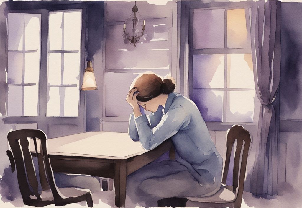 Vintage watercolor illustration of a person in distress, sitting alone in a dimly lit room, hand covering face, symbolizing grief, lavender color theme.