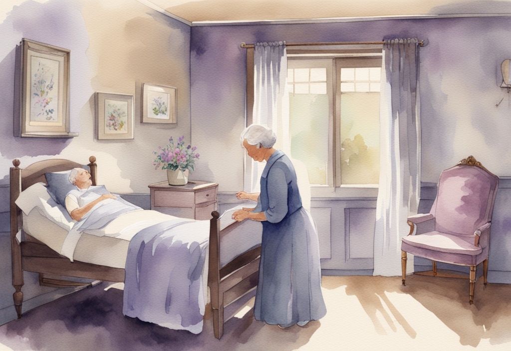 Vintage watercolor illustration of routine hospice care in a serene room with a caregiver tending to an elderly patient.