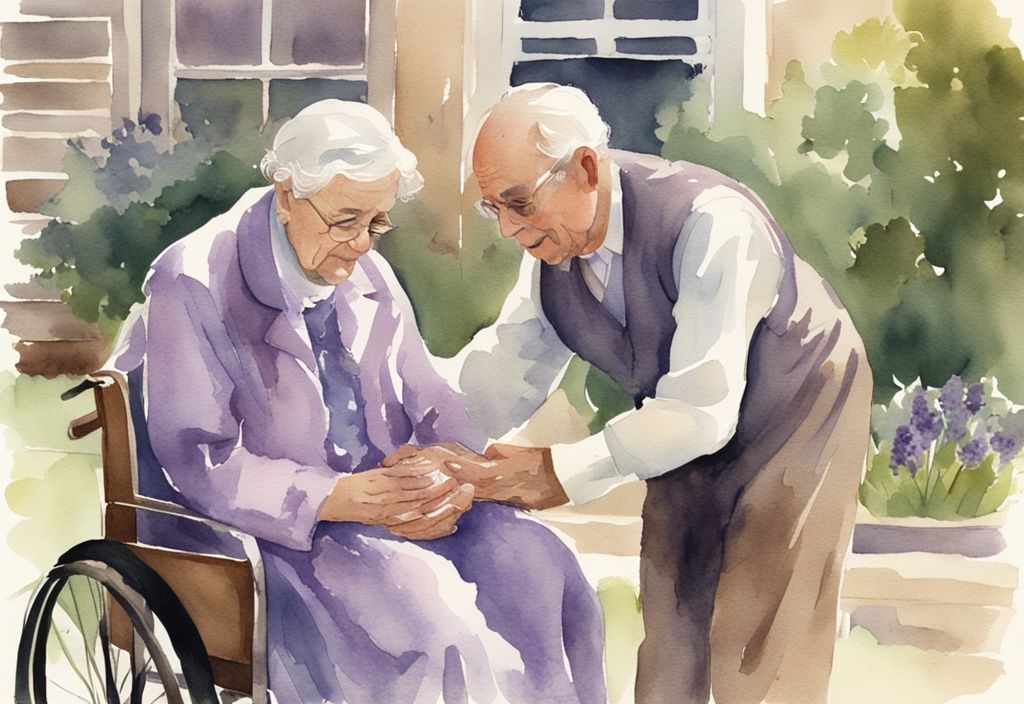 Vintage watercolor illustration of a hospice chaplain comforting an elderly patient in lavender-themed setting, showcasing compassion and care.