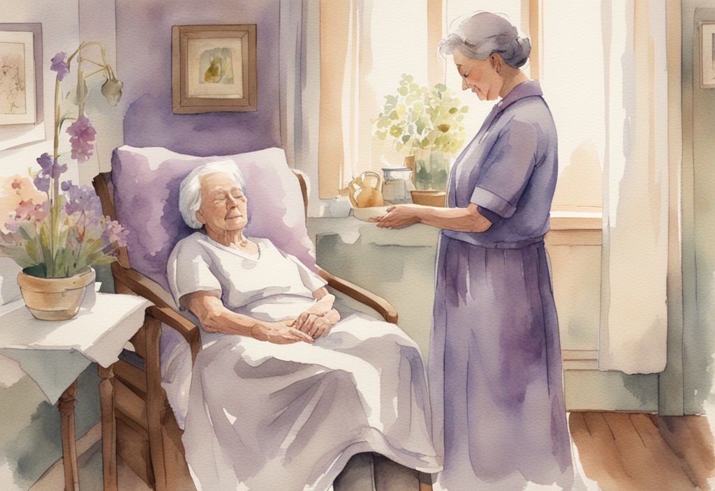 Vintage watercolor illustration of hospice aide comforting elderly patient in lavender-themed homely setting, evoking warmth and tranquility.