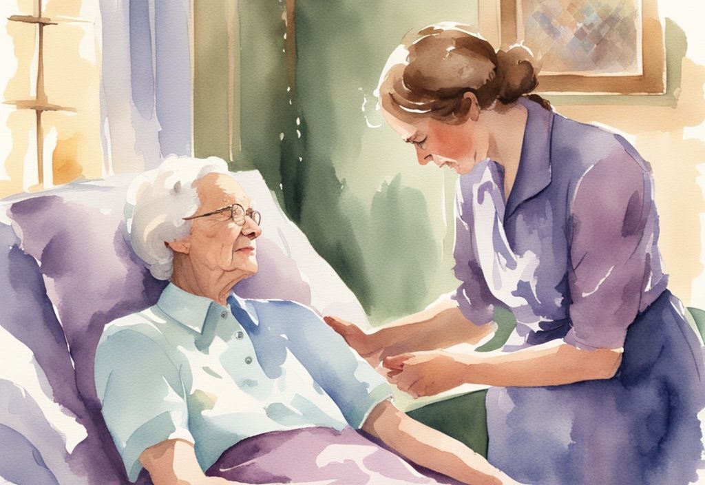 Vintage watercolor of hospice volunteer comforting elderly patient in lavender-themed room with soft light.