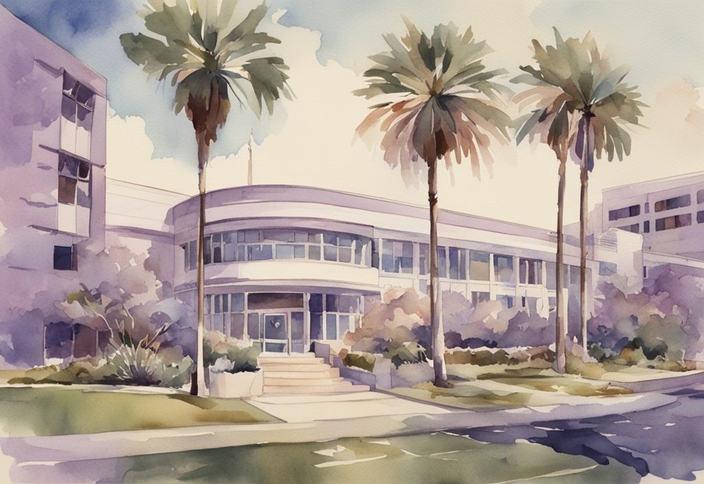 Vintage watercolor illustration of a modern high-tech healthcare facility in sunny, palm-tree lined streets of Miramar, with lavender color theme. Healthcare Miramar.