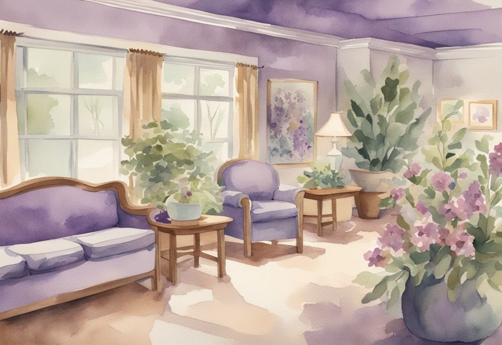 Vintage watercolor illustration of Vitas Hospice center with compassionate staff and peaceful patients in a serene lavender-themed environment.