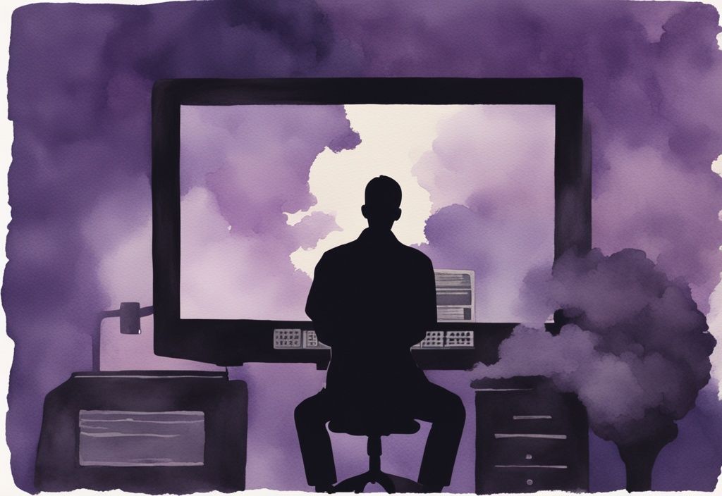 Vintage watercolor illustration of a person in a dimly lit room staring at a computer screen with the Reddit logo surrounded by dark, stormy clouds, depicting reddit depression.