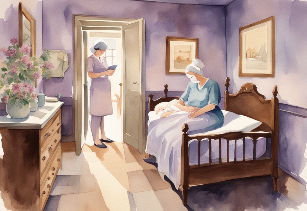 Vintage watercolor illustration of a serene hospice room with a nurse tending to a peaceful patient, featuring lavender tones, soft lighting, family photos, and comforting decor.