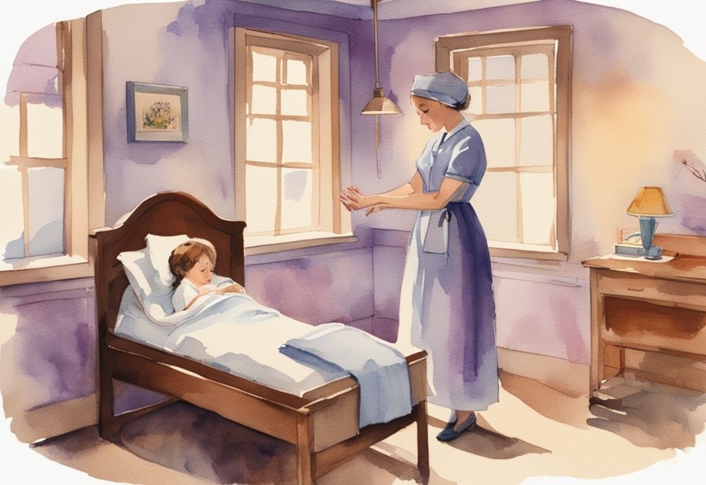 Vintage watercolor illustration of a serene pediatric hospice room with lavender theme, featuring soft lighting, a child's bed with colorful blankets, and a nurse holding a child's hand.