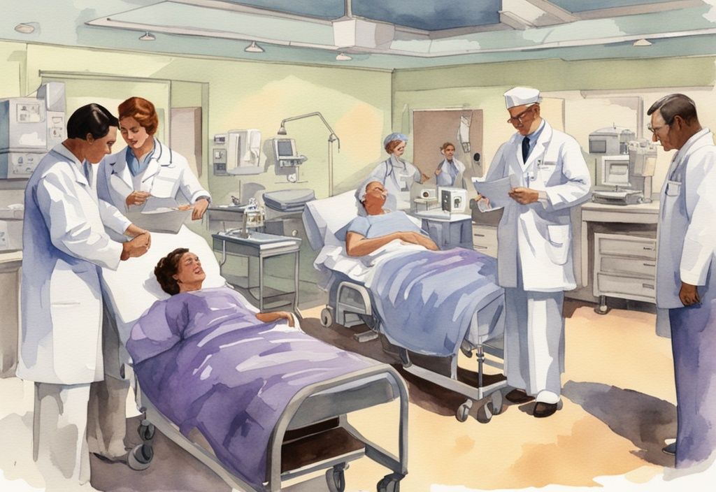 Vintage watercolor illustration of modern healthcare facility in Miramar with medical professionals and state-of-the-art equipment, lavender color theme.