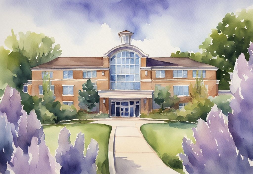 Vintage watercolor illustration of T Boone Pickens Hospice exterior with lavender theme, lush greenery, and clear blue sky.