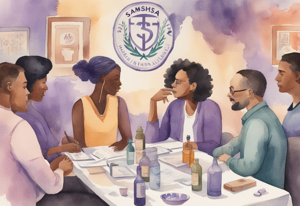 Vintage watercolor illustration of diverse group discussing mental health and substance abuse with SAMHSA logo in background, lavender theme.