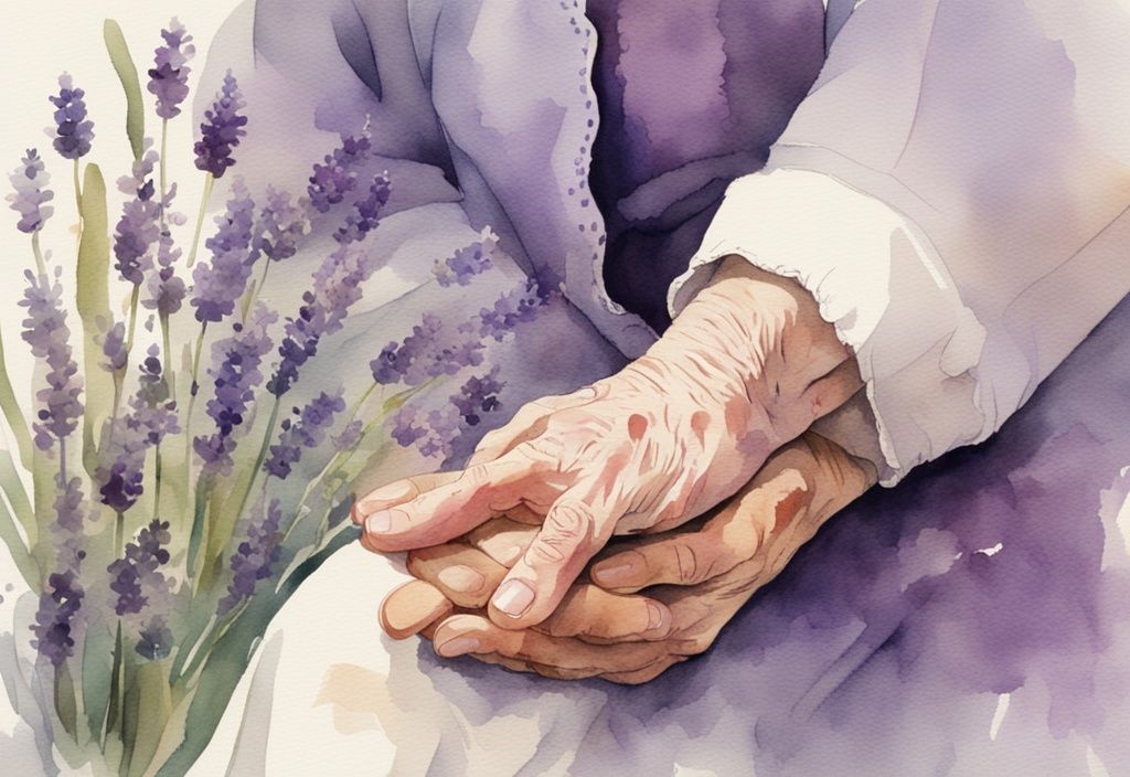 Vintage watercolor illustration of a hospice caregiver comforting an elderly patient with a gentle hand-hold, main color theme lavender.