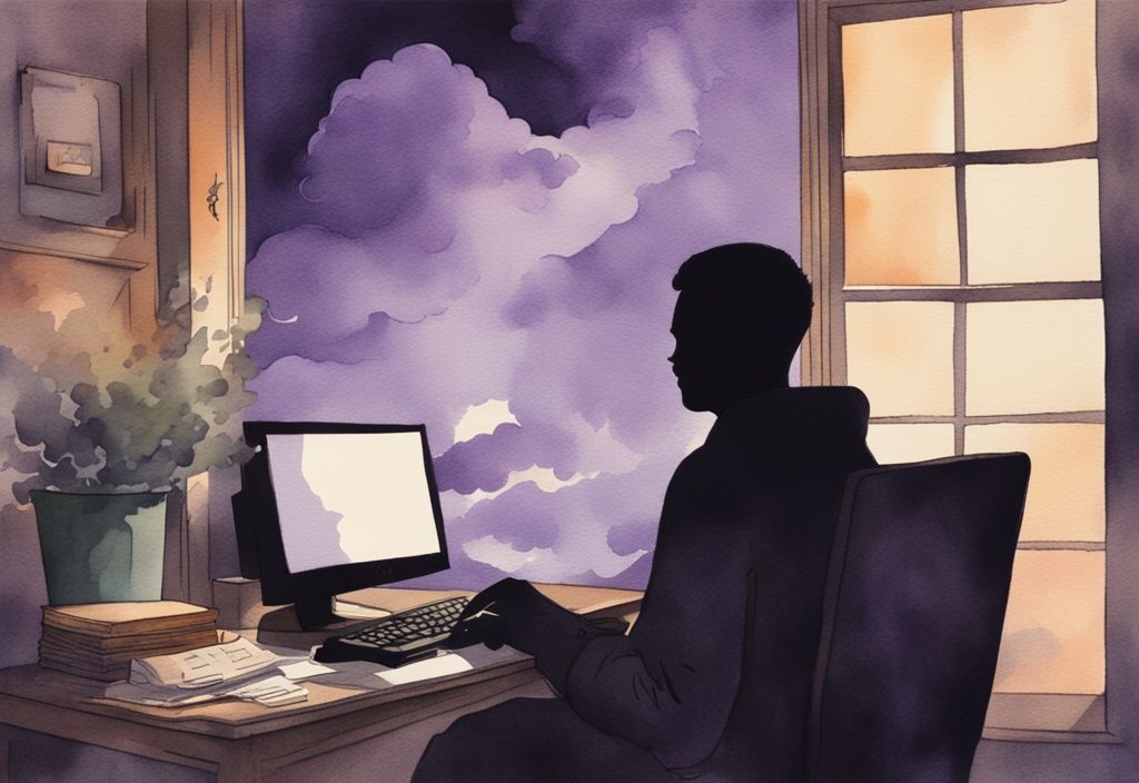 Vintage watercolor illustration of a person in a dimly lit room, staring at a computer screen with the Reddit logo, surrounded by stormy clouds, depicting reddit depression.