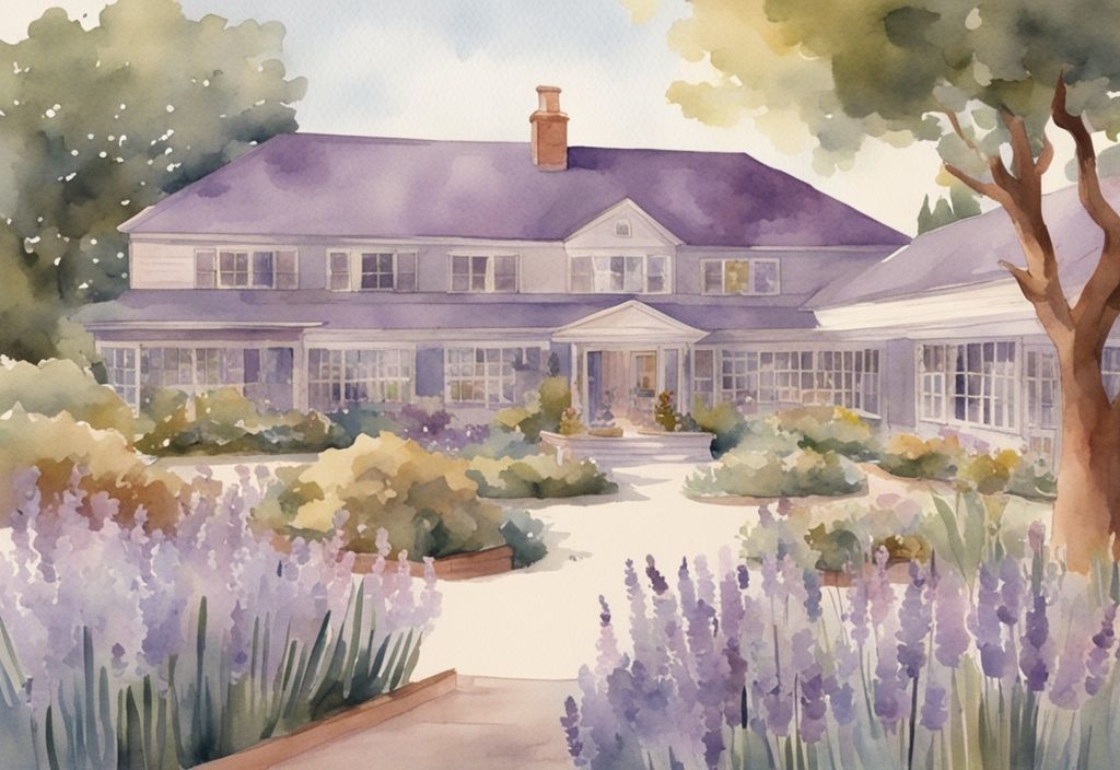 Vintage watercolor illustration of a lavender-themed hospice house with a serene garden and patients enjoying the peaceful environment.