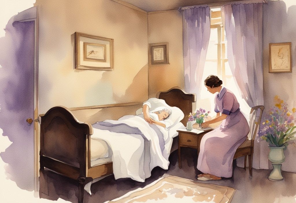 Vintage watercolor illustration of a serene hospice room in lavender tones, featuring a nurse tending to a resting patient in a warm, comforting setting.