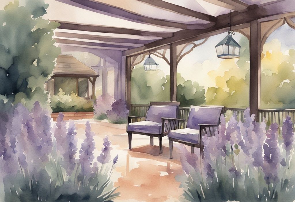 Vintage watercolor illustration of a serene hospice in Dallas with lavender hues, warm lighting, caring staff, and peaceful outdoor spaces.