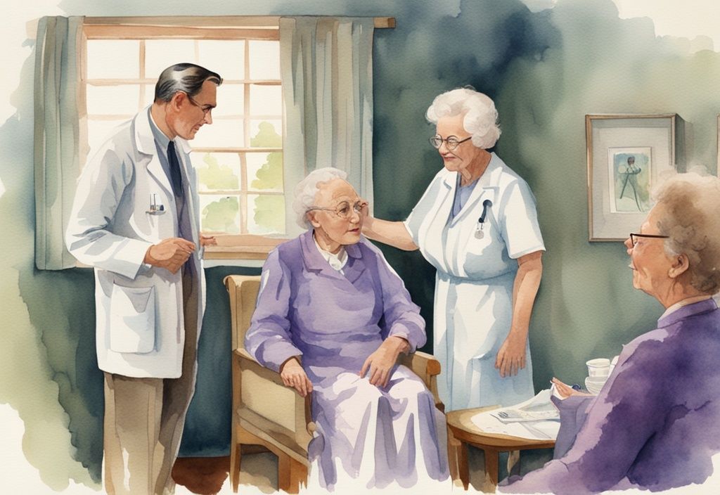 Vintage watercolor illustration of a compassionate doctor explaining hospice care to a concerned elderly couple, highlighting when is it time for hospice.