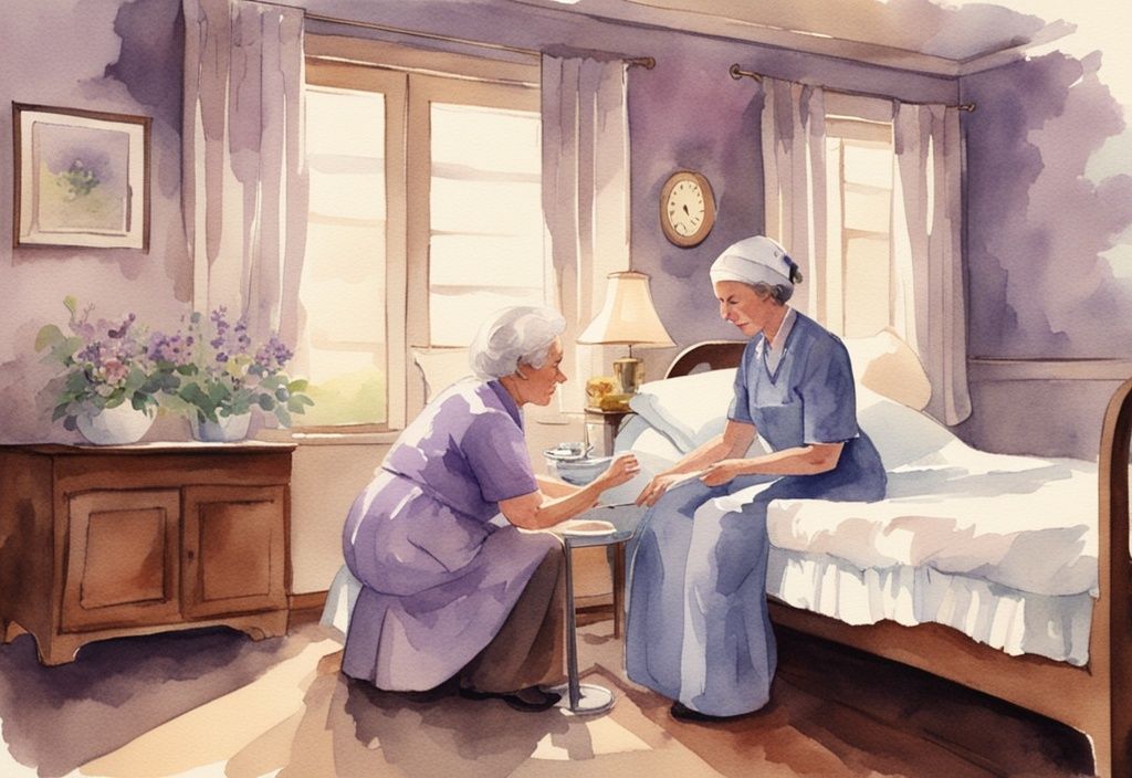 Vintage watercolor of Vitas Hospice nurse caring for elderly patient in serene lavender-themed room