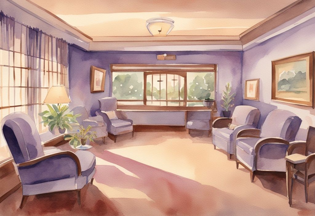 Vintage watercolor illustration of a serene hospice Dallas facility with warm lighting, comfortable furnishings, and compassionate staff interacting with patients in a lavender color theme.