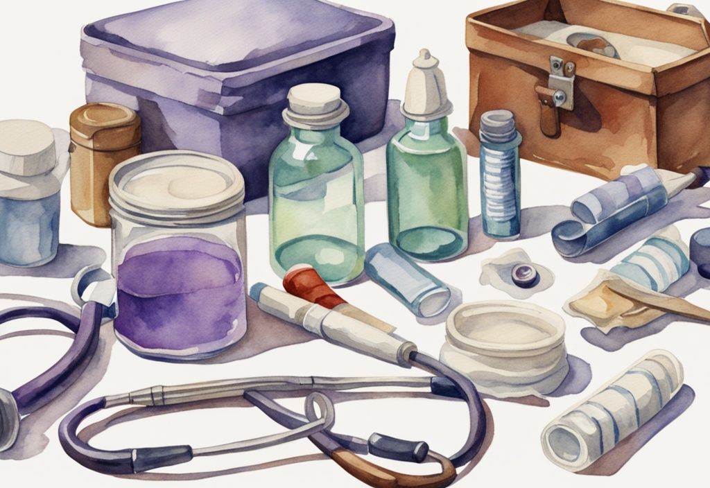 Vintage watercolor illustration of medical supplies including stethoscope, bandages, syringes, and medicine bottles on a white table with a lavender color theme.