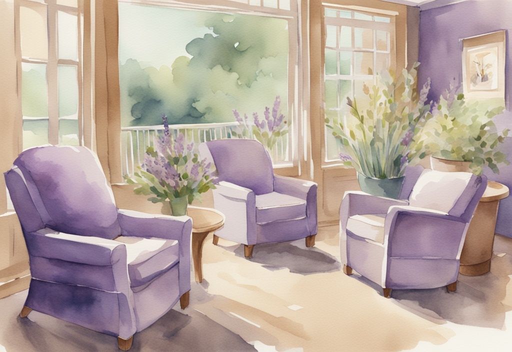 Vintage watercolor illustration of Vitas Hospice center with compassionate staff and peaceful patients, main color theme lavender.