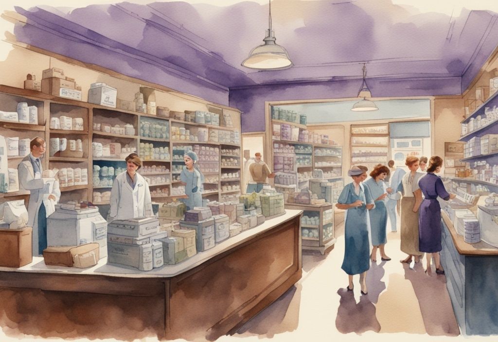 Vintage watercolor illustration of a bustling medical supply store in Sacramento with lavender theme, featuring healthcare products, customers, and staff interacting.