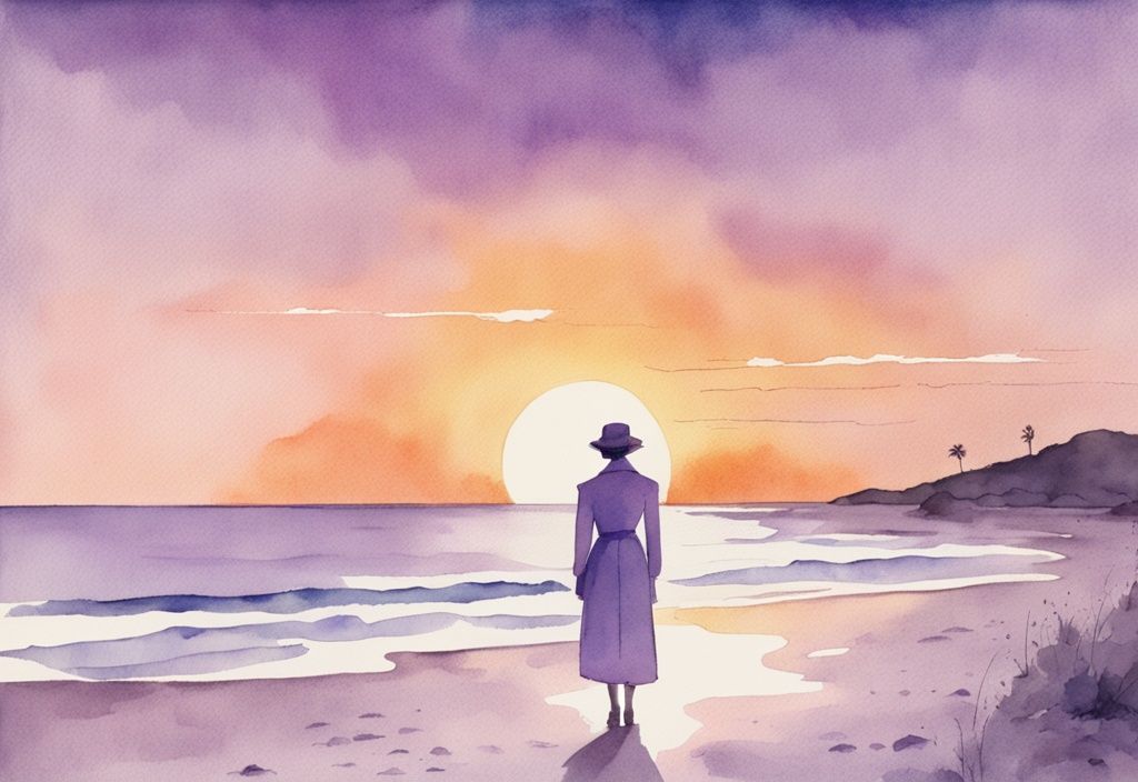 Vintage watercolor illustration of an adult on a beach at sunset with lavender hues and merging footprints.