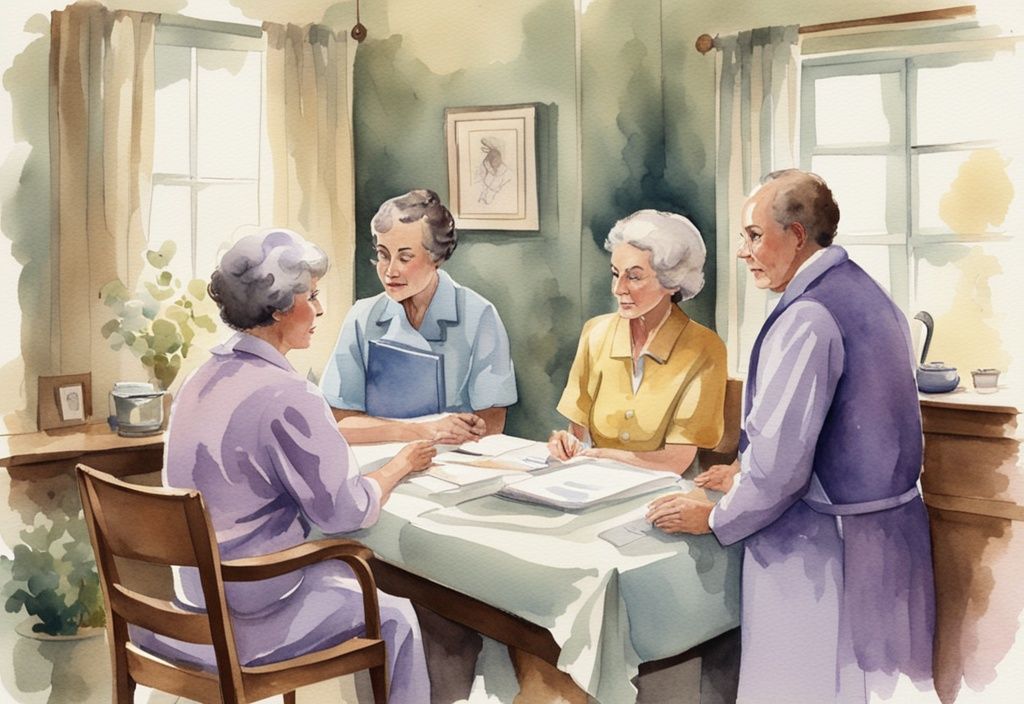 Vintage watercolor illustration of a healthcare professional discussing inpatient hospice care qualifications with a concerned family in a calm lavender-themed environment