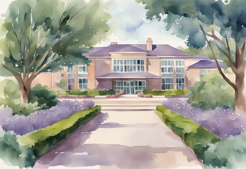 Vintage watercolor illustration of T Boone Pickens Hospice exterior with lavender theme, lush greenery, and clear blue sky.