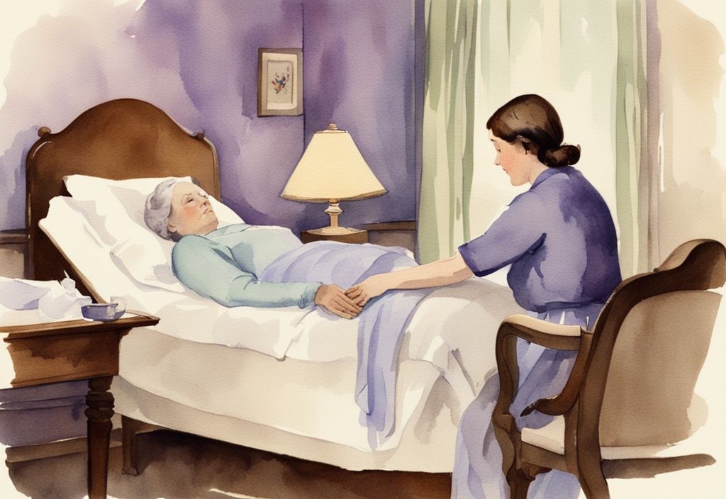 Vintage watercolor of a lavender-themed hospice room with a nurse caring for a resting patient