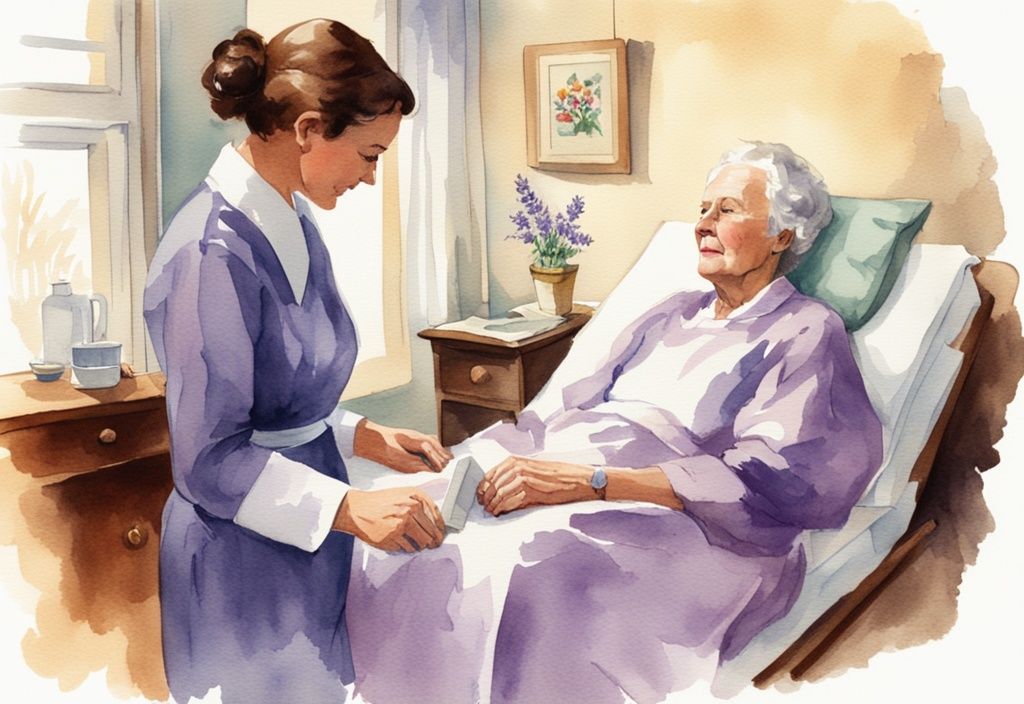 Vintage watercolor illustration of a Vitas Hospice nurse caring for an elderly patient in a serene lavender-themed room