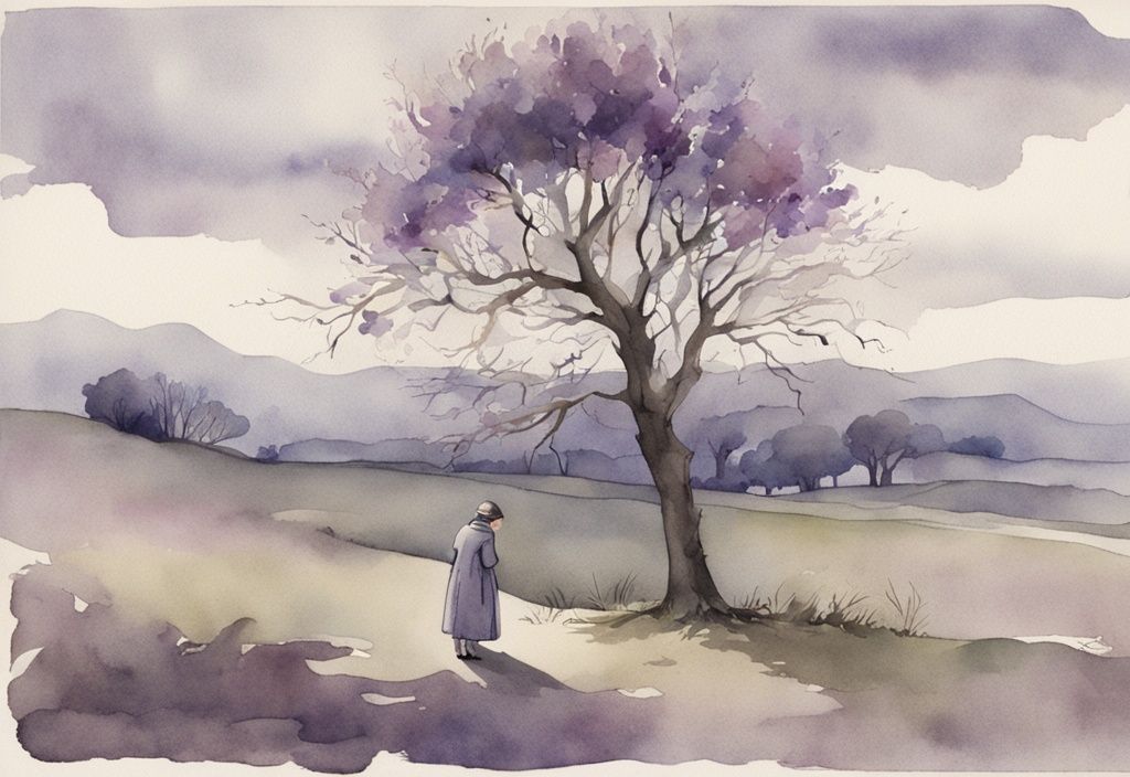 Vintage watercolor illustration of a solitary figure hunched over under a bare tree with falling leaves against a gloomy sky, depicting a common and natural reaction to a loss that brings on strong emotions.