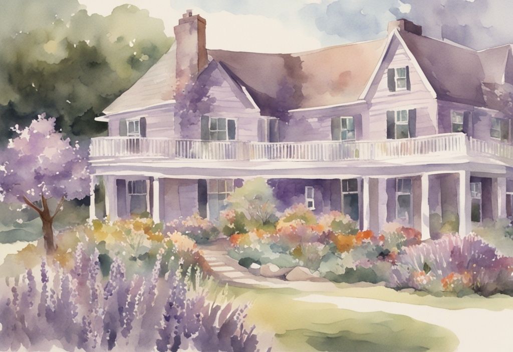 Vintage watercolor illustration of a lavender-themed hospice house with a serene garden and families enjoying the peaceful environment.