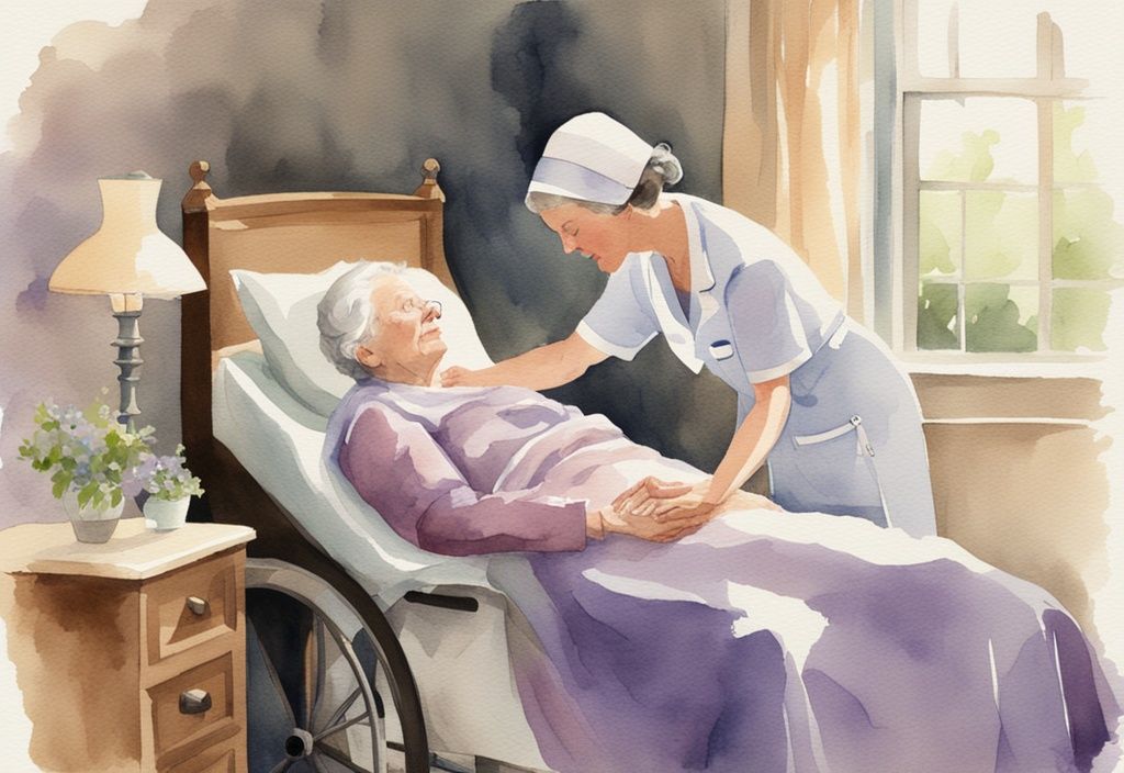 Vintage watercolor illustration of a compassionate nurse comforting a peaceful elderly patient in a warm, serene hospice environment with a lavender color theme