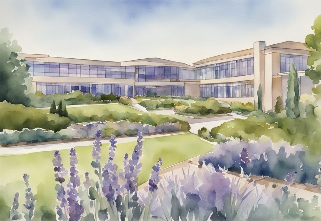 Vintage watercolor illustration of T Boone Pickens Hospice exterior with lush gardens, modern architecture, lavender color theme, and clear blue sky.