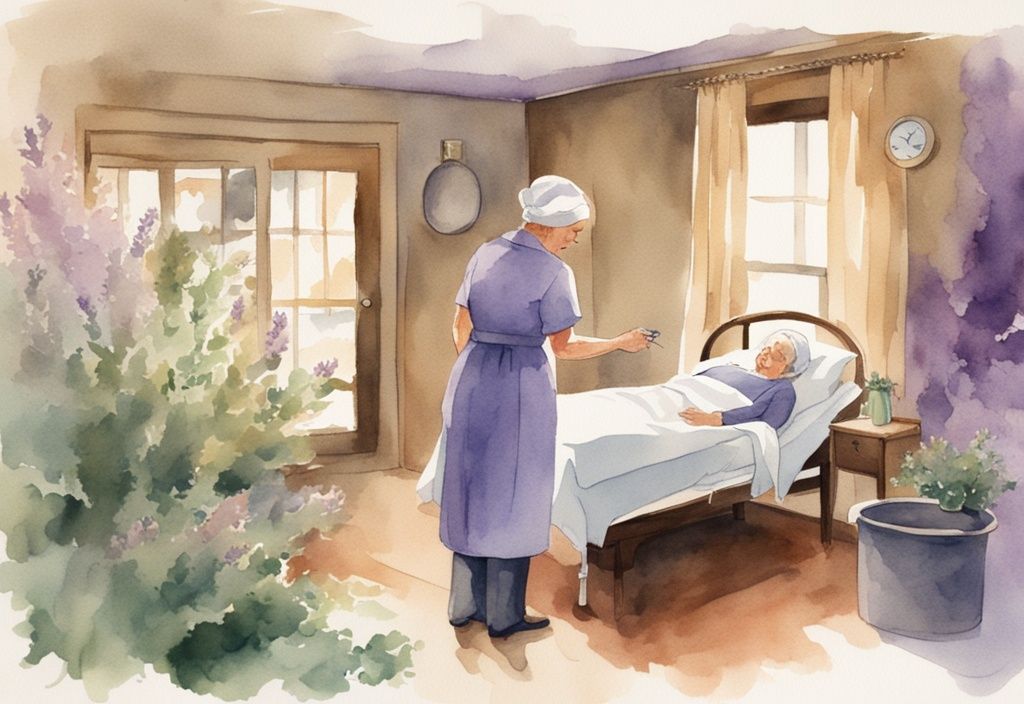 Vintage watercolor illustration of a compassionate hospice nurse comforting an elderly patient in a peaceful, lavender-themed home environment.