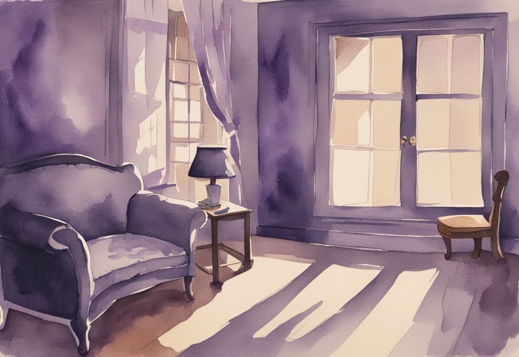 Vintage watercolor illustration of a person in distress sitting alone in a dimly lit room, symbolizing grief and emotional pain, with a lavender color theme.