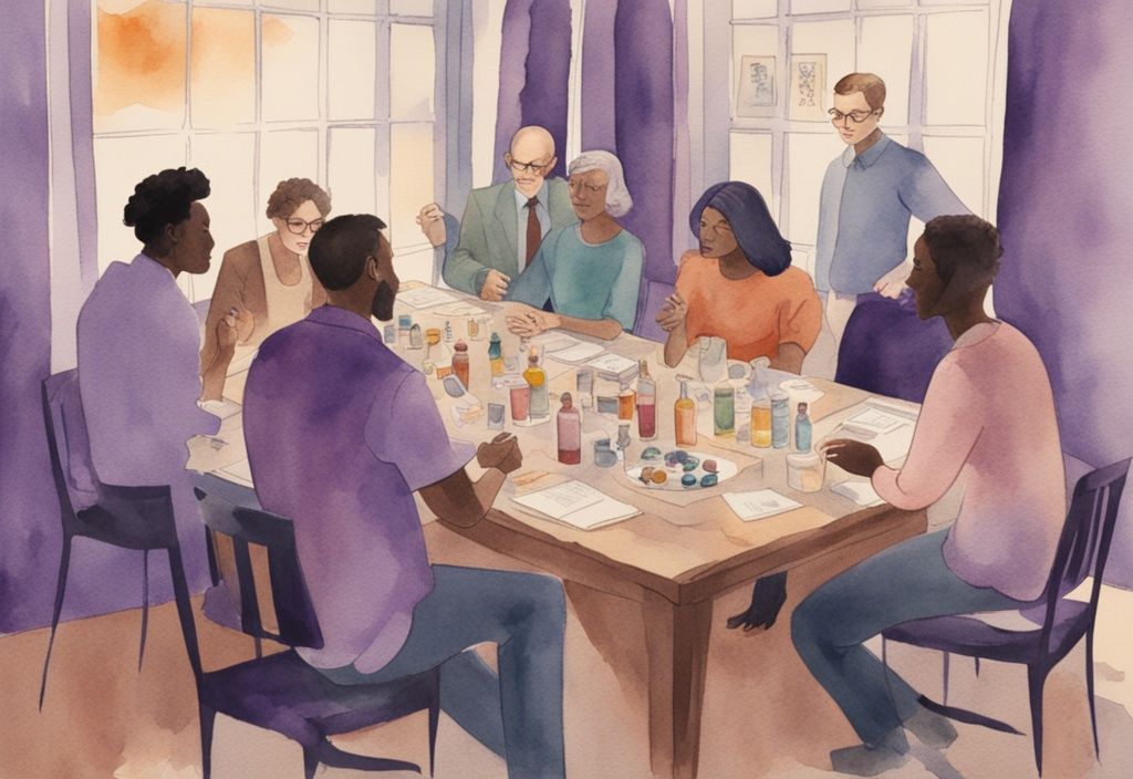 Vintage watercolor illustration of diverse group discussing mental health and substance abuse with SAMHSA logo in background, main color theme lavender.