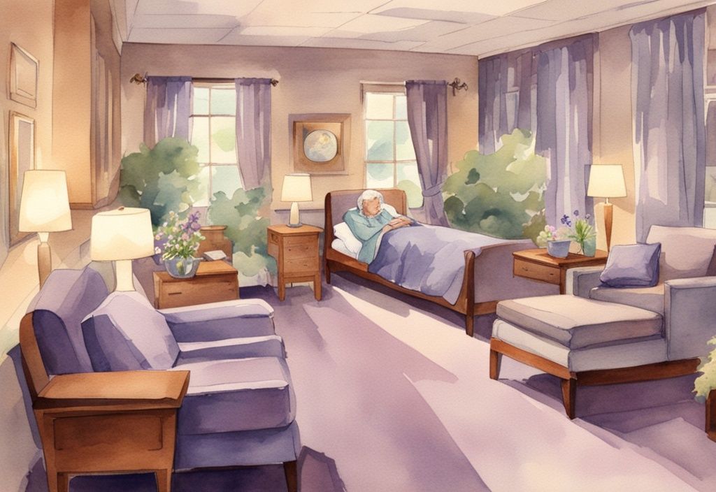 Vintage watercolor illustration of a serene hospice Dallas facility with warm lighting, comfortable furnishings, and compassionate staff interacting with patients in a lavender color theme.