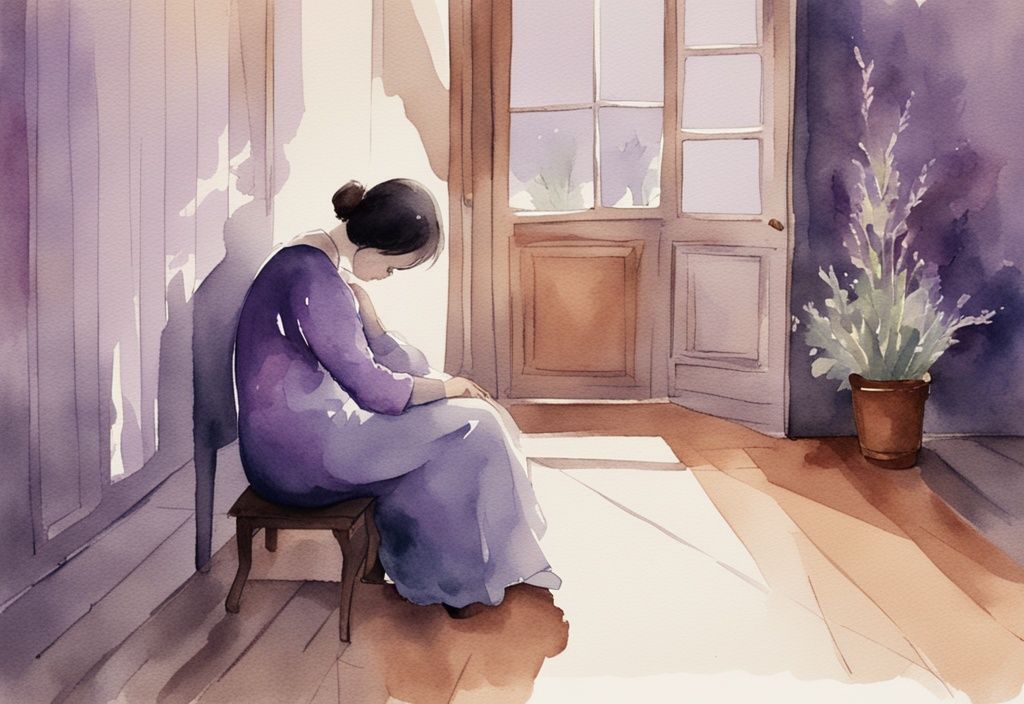 Vintage watercolor illustration of a person sitting alone in a dimly lit room, face buried in hands, symbolizing isolation and symptoms of grief, main color theme lavender.