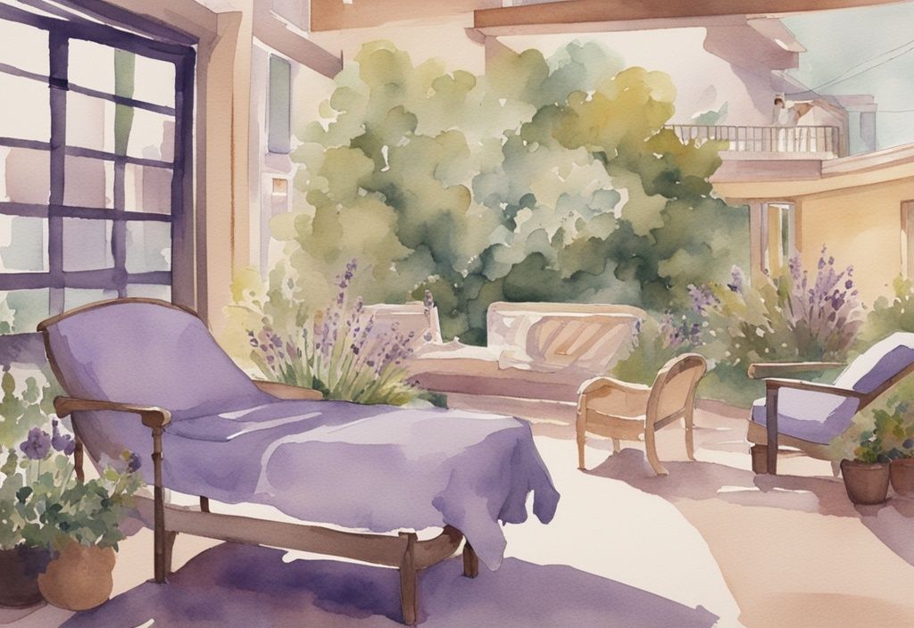 Vintage watercolor illustration of a serene hospice facility in Los Angeles with lavender theme, caring staff, peaceful outdoor spaces, and well-equipped patient rooms.