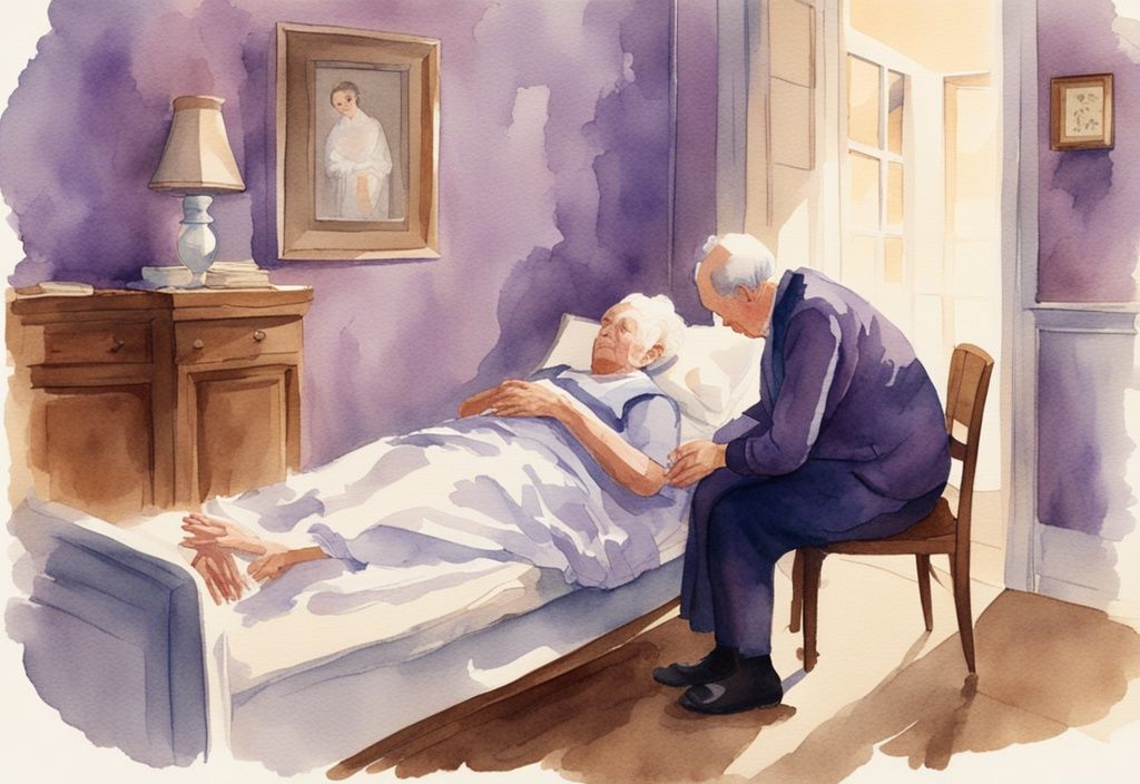 Vintage watercolor illustration of a hospice chaplain comforting an elderly patient in a peaceful, softly lit room with a lavender color theme