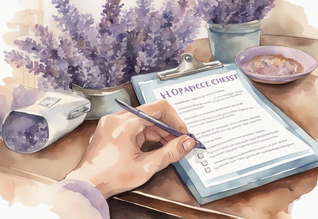 Vintage watercolor illustration of a hospice care checklist being ticked off on a clipboard in a serene lavender-themed room.