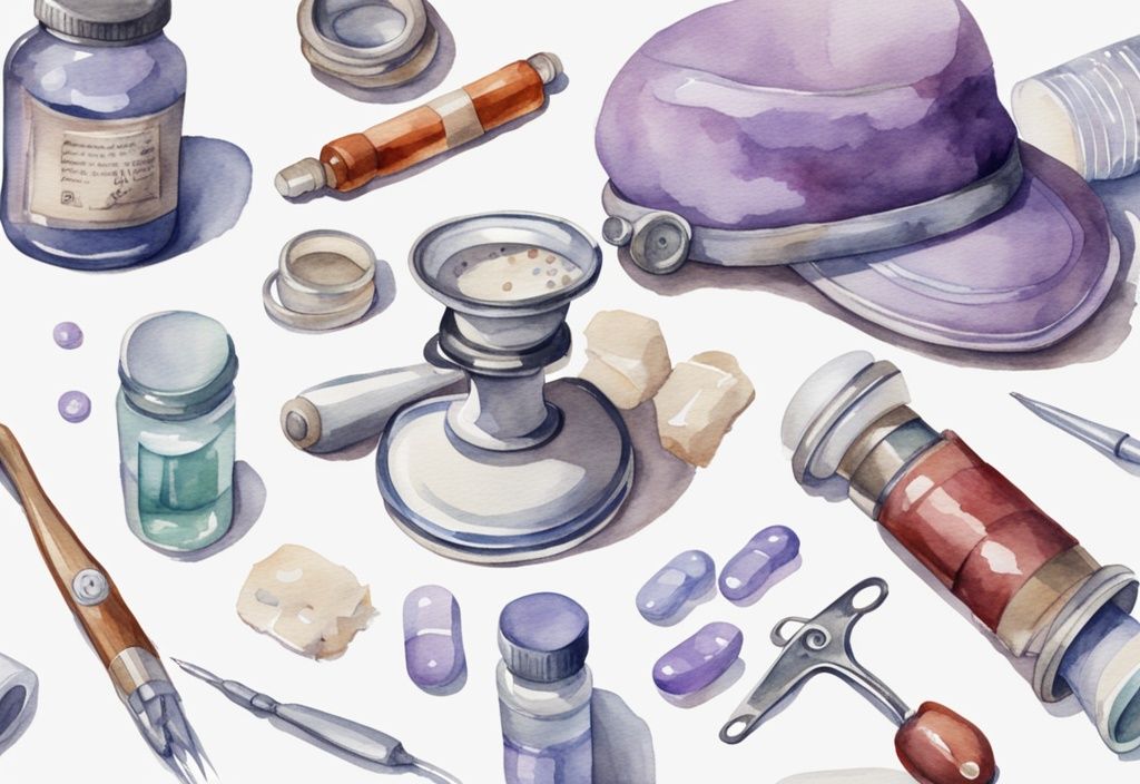 Vintage watercolor illustration of medical supplies including stethoscope, syringes, bandages, and pills on a white table with a lavender color theme