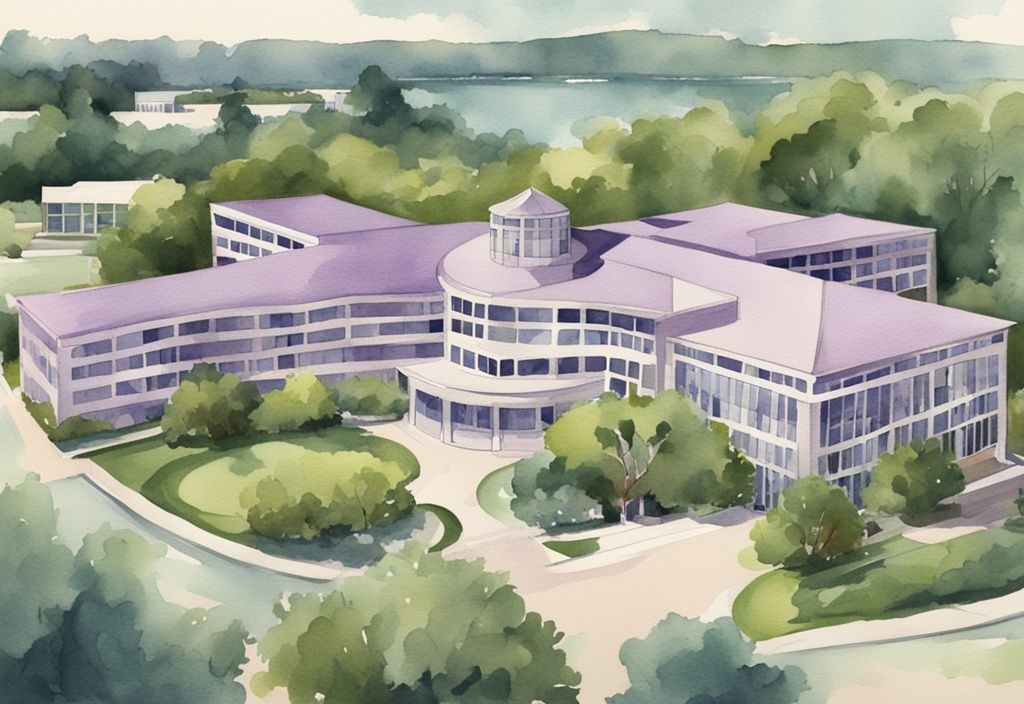 Vintage watercolor illustration of a modern healthcare facility in serene greenery, healthcare Lakeland.