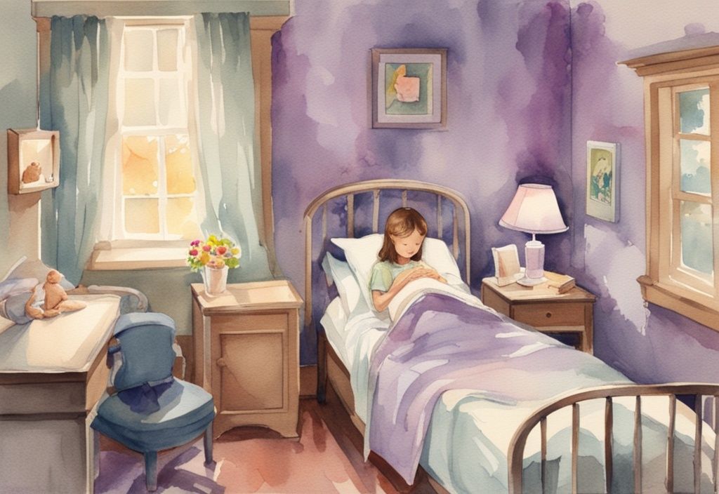 Vintage watercolor illustration of a serene pediatric hospice room with lavender theme, soft lighting, child's bed with colorful blankets, and nurse holding child's hand