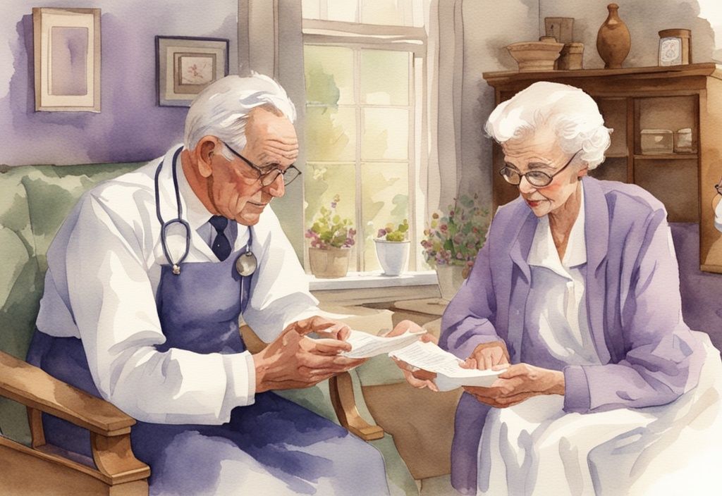 Vintage watercolor illustration of a compassionate doctor explaining hospice care to a concerned elderly couple, main color theme lavender, when is it time for hospice.