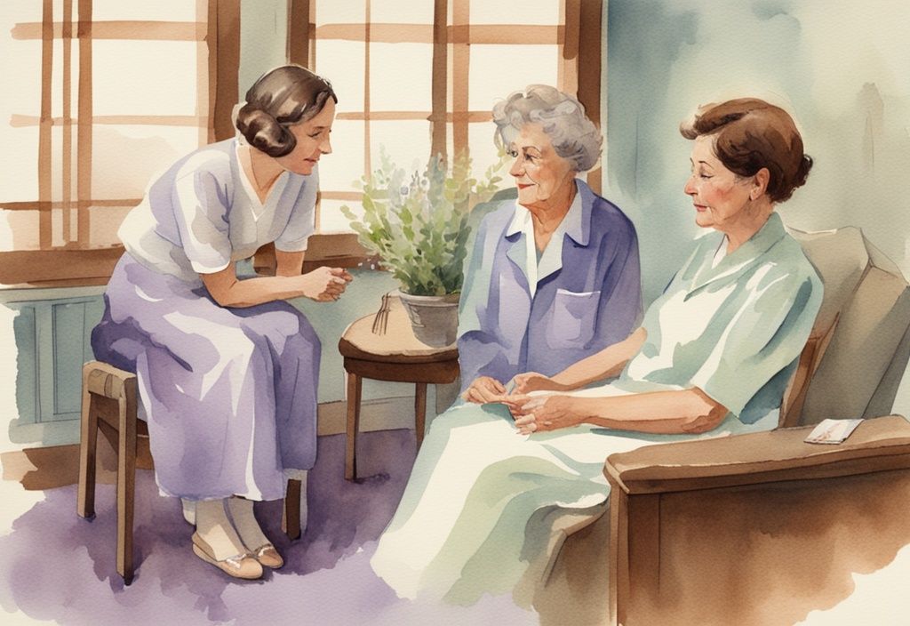 Vintage watercolor illustration of a hospice MSW in lavender tones comforting a patient and family.