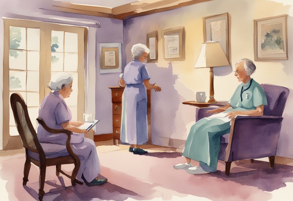 Vintage watercolor illustration of a compassionate nurse discussing a hospice care checklist with a concerned elderly couple in a serene and comfortable room, main color theme lavender.