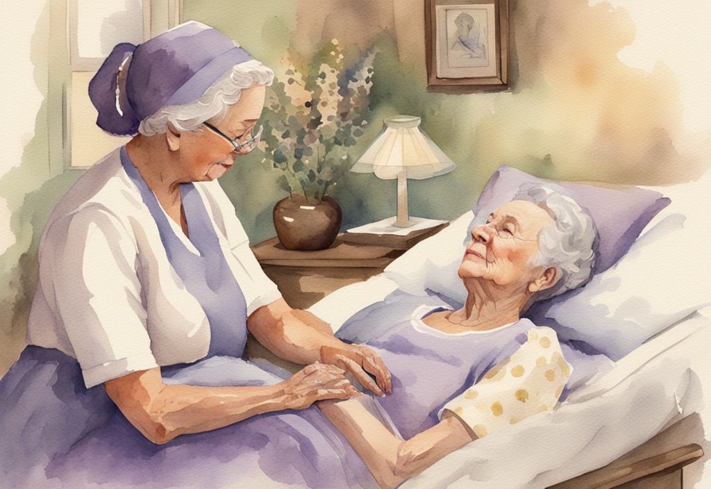 Vintage watercolor illustration of hospice care with a caring nurse holding an elderly patient's hand in a comforting, lavender-themed environment.