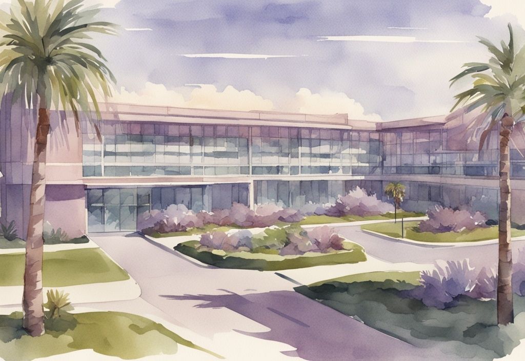 Vintage watercolor illustration of a modern, high-tech healthcare facility in sunny, palm-tree lined streets of Miramar, with a lavender color theme. Keyword: healthcare Miramar.